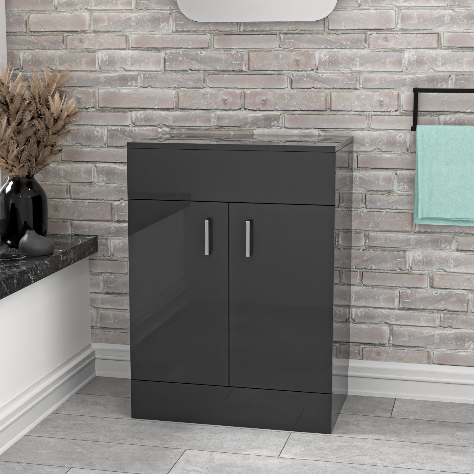 Black cabinet against a brick wall in a bathroom setting