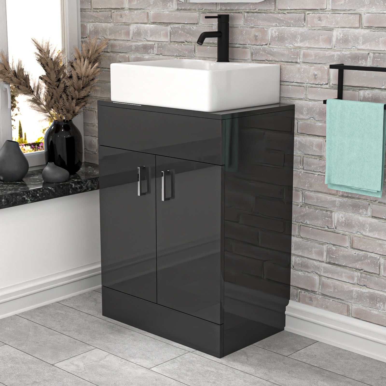 Nanuya Dark Grey 600mm Vanity Unit, Worktop With Square Bowl Basin