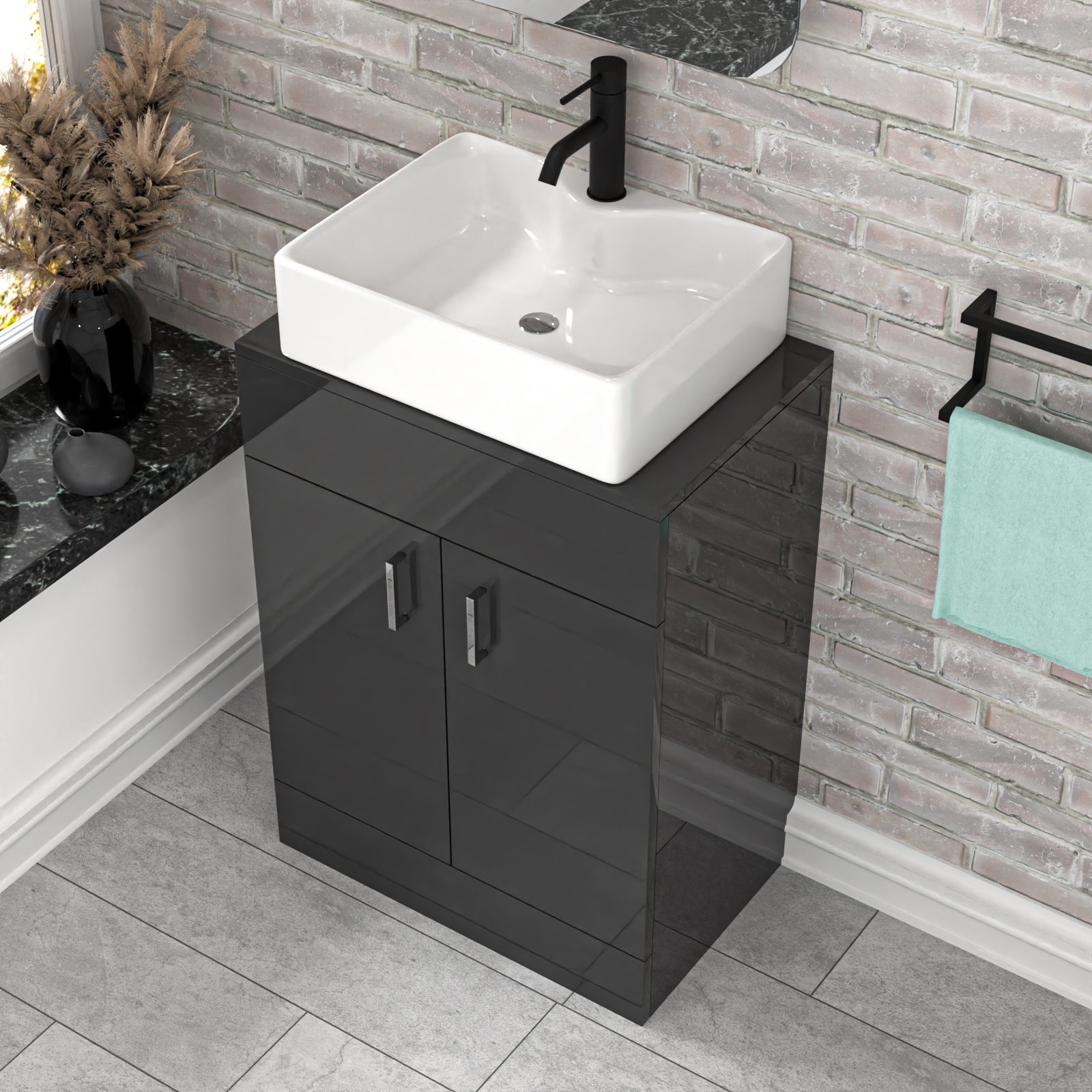 Nanuya Dark Grey 600mm Vanity Unit, Worktop With Square Bowl Basin