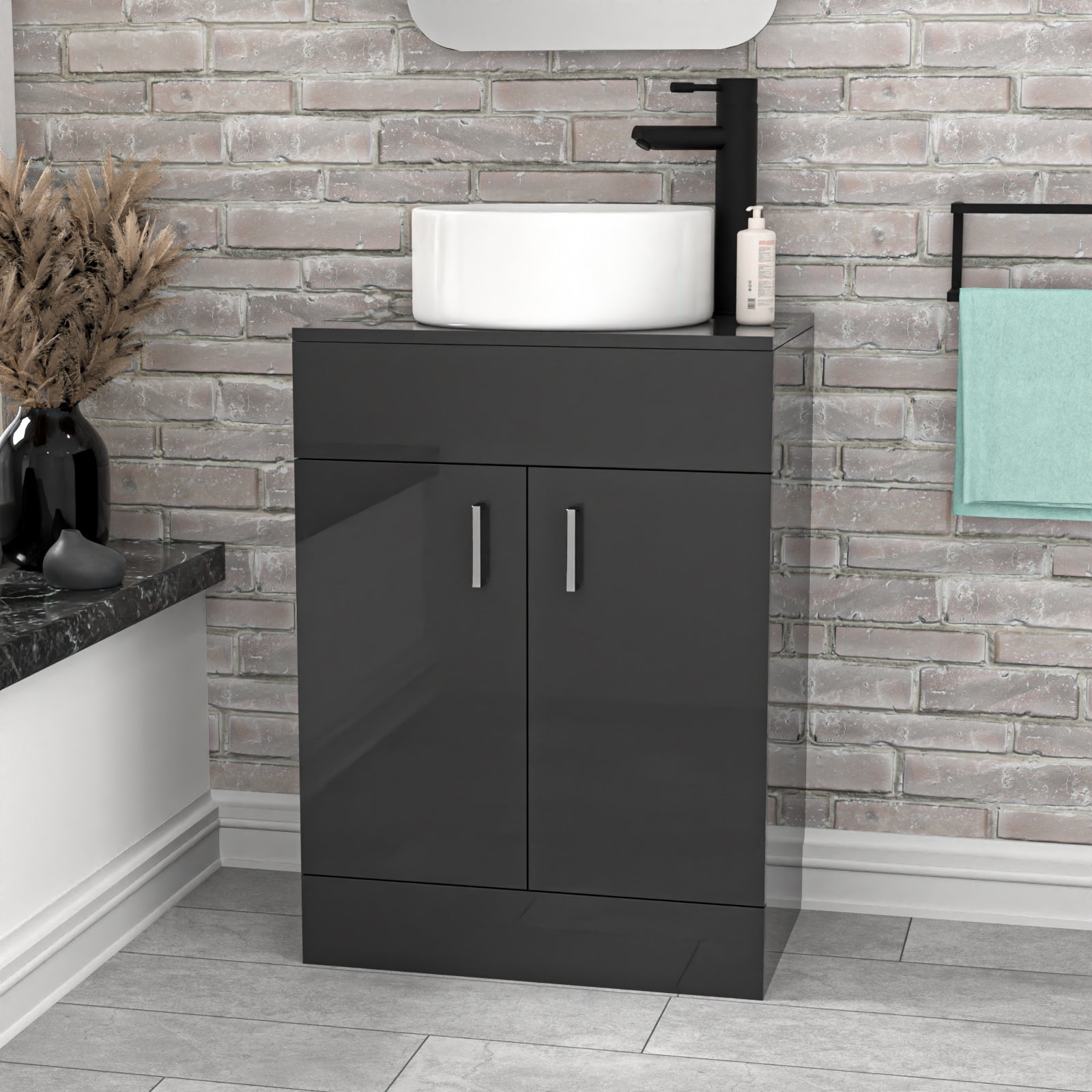 Nanuya 600mm Dark Grey Freestanding Drawers Vanity & Worktop With Round Basin
