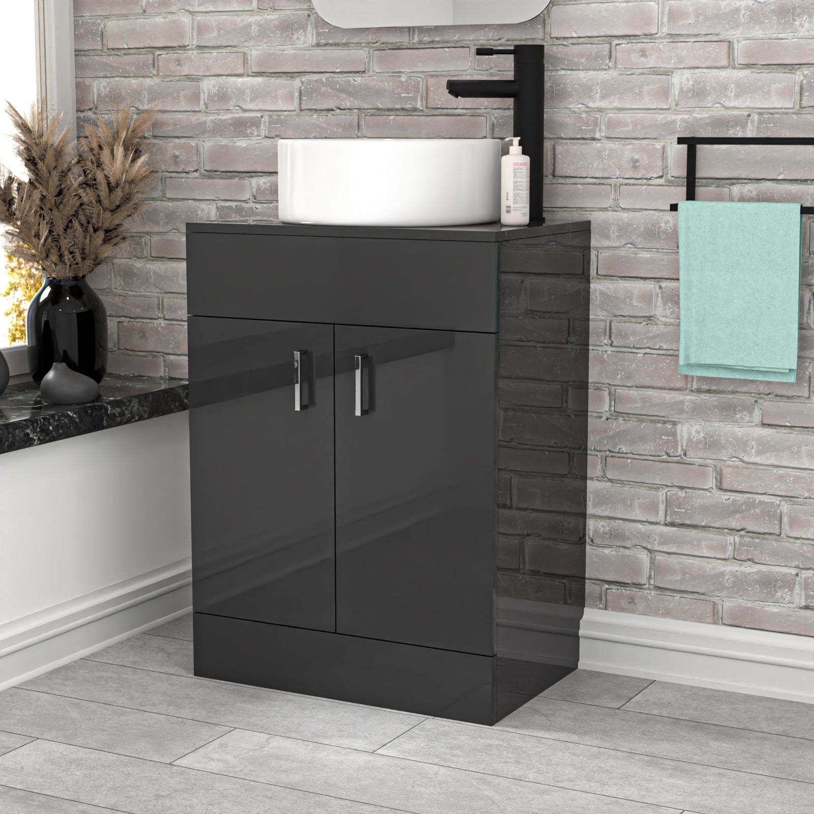 Nanuya 600mm Dark Grey Freestanding Drawers Vanity & Worktop With Round Basin