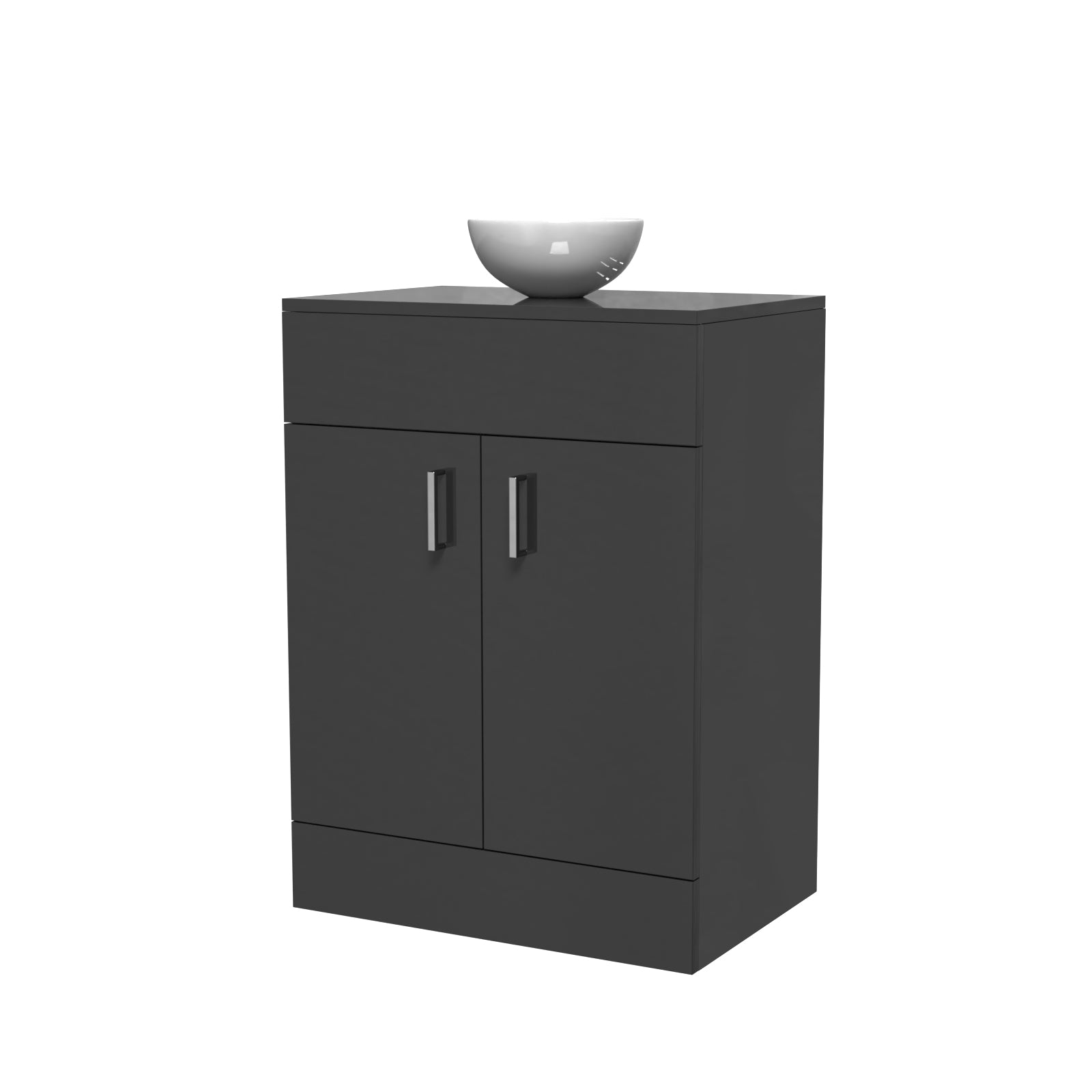 Black cabinet with a white bowl on top against a white background