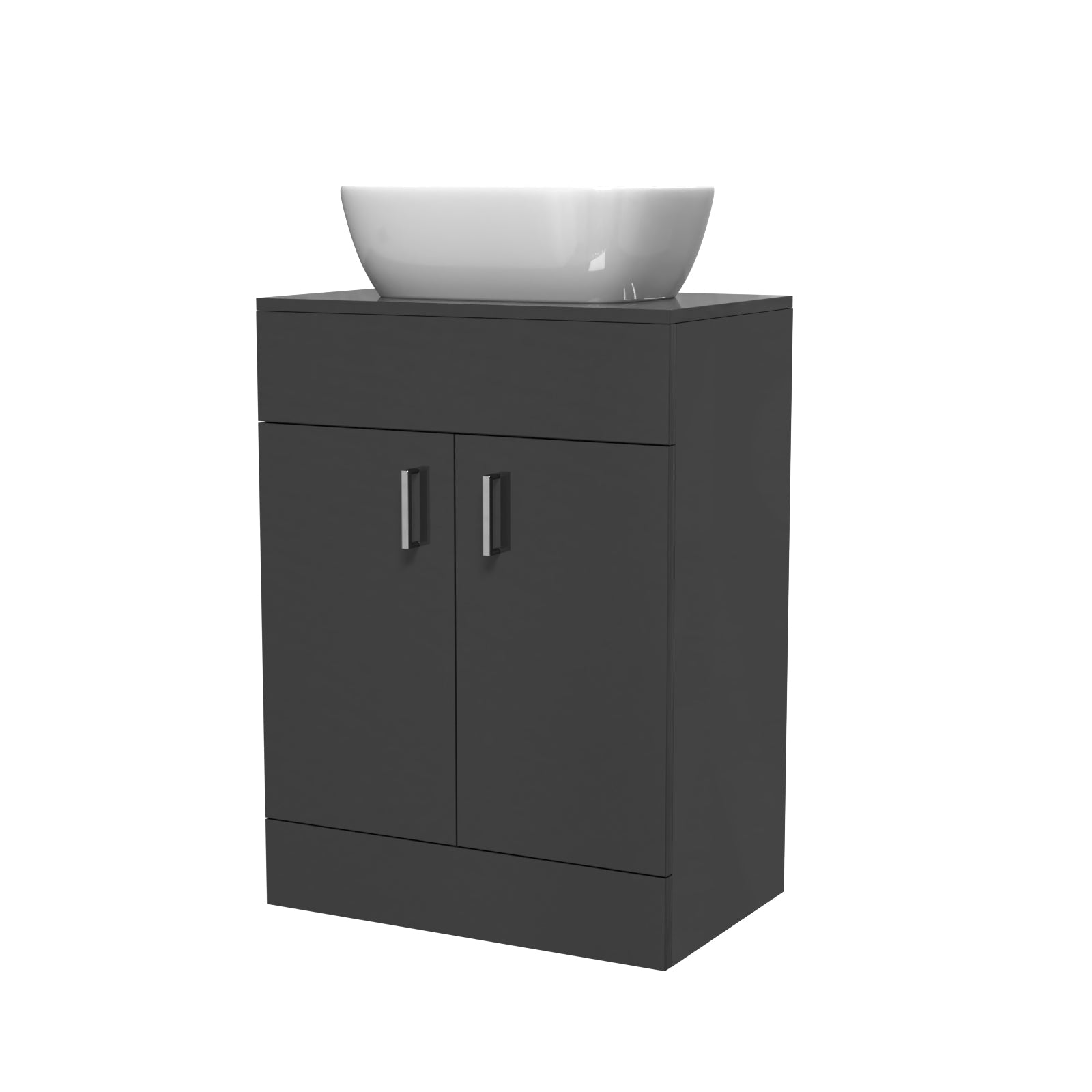 Black bathroom vanity with a white basin on a white background