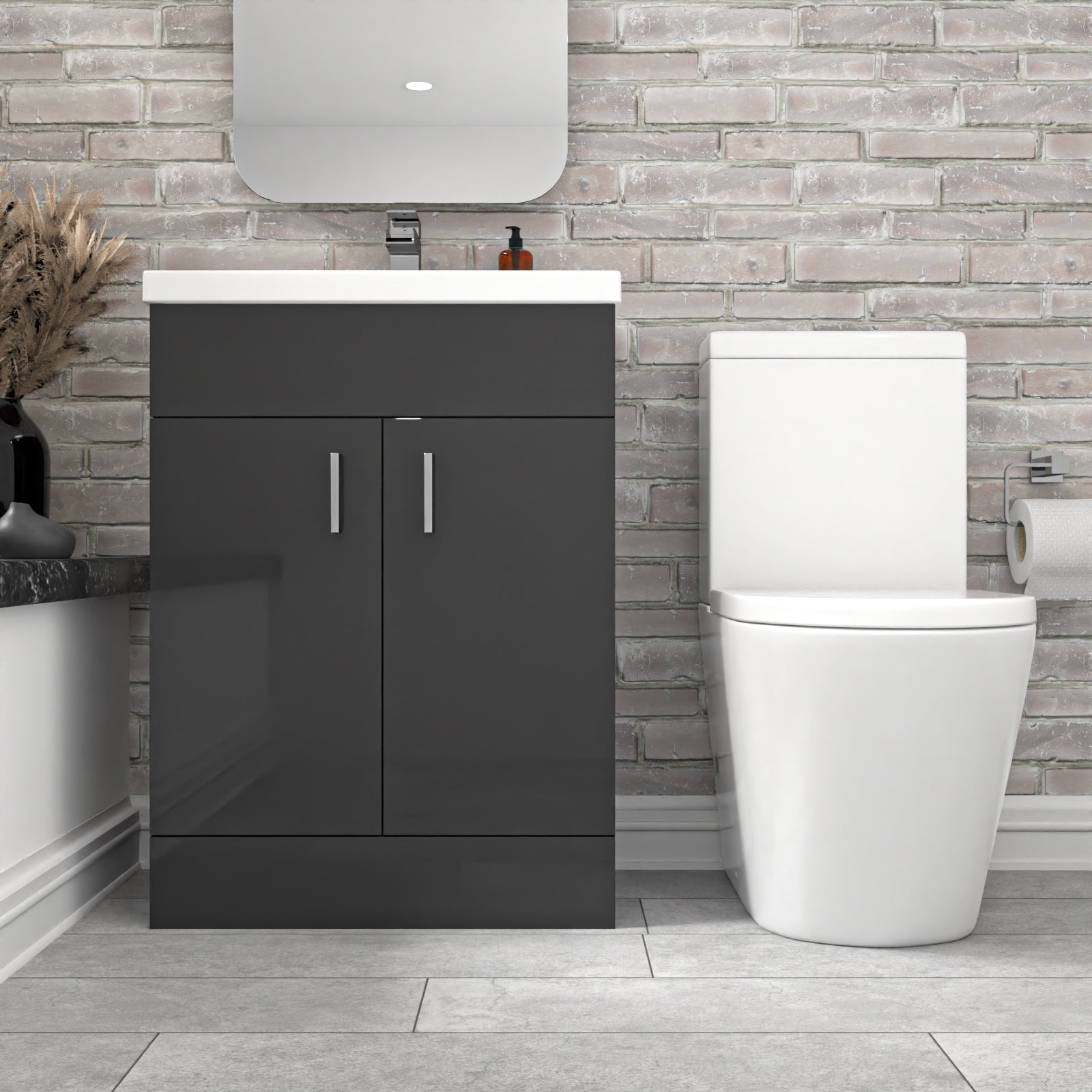 dark gray vanity unit, white toilet