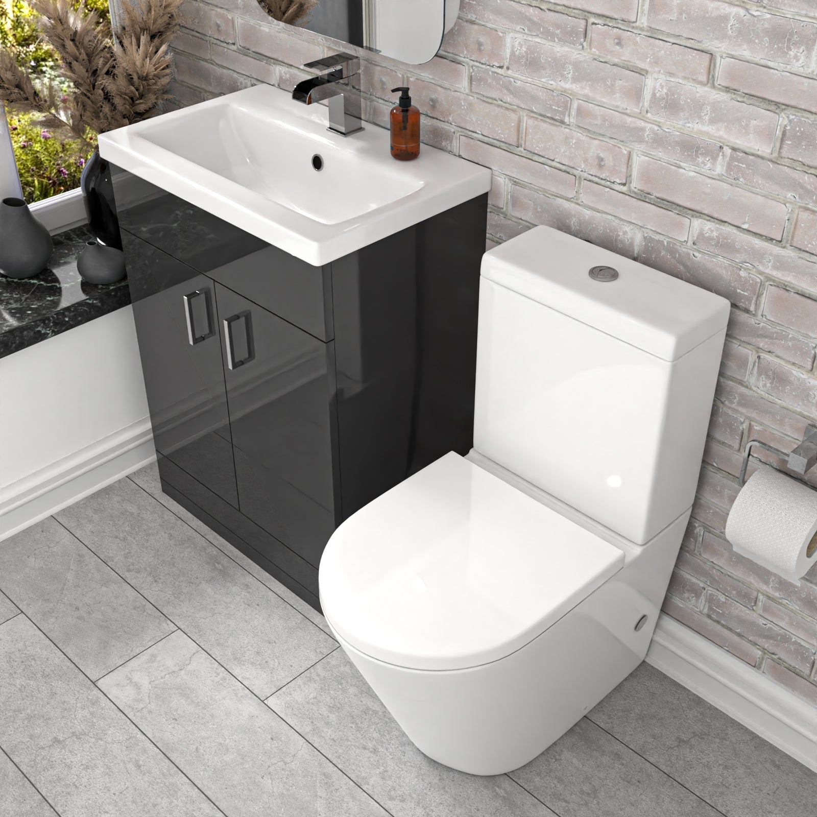black vanity with basin and WC