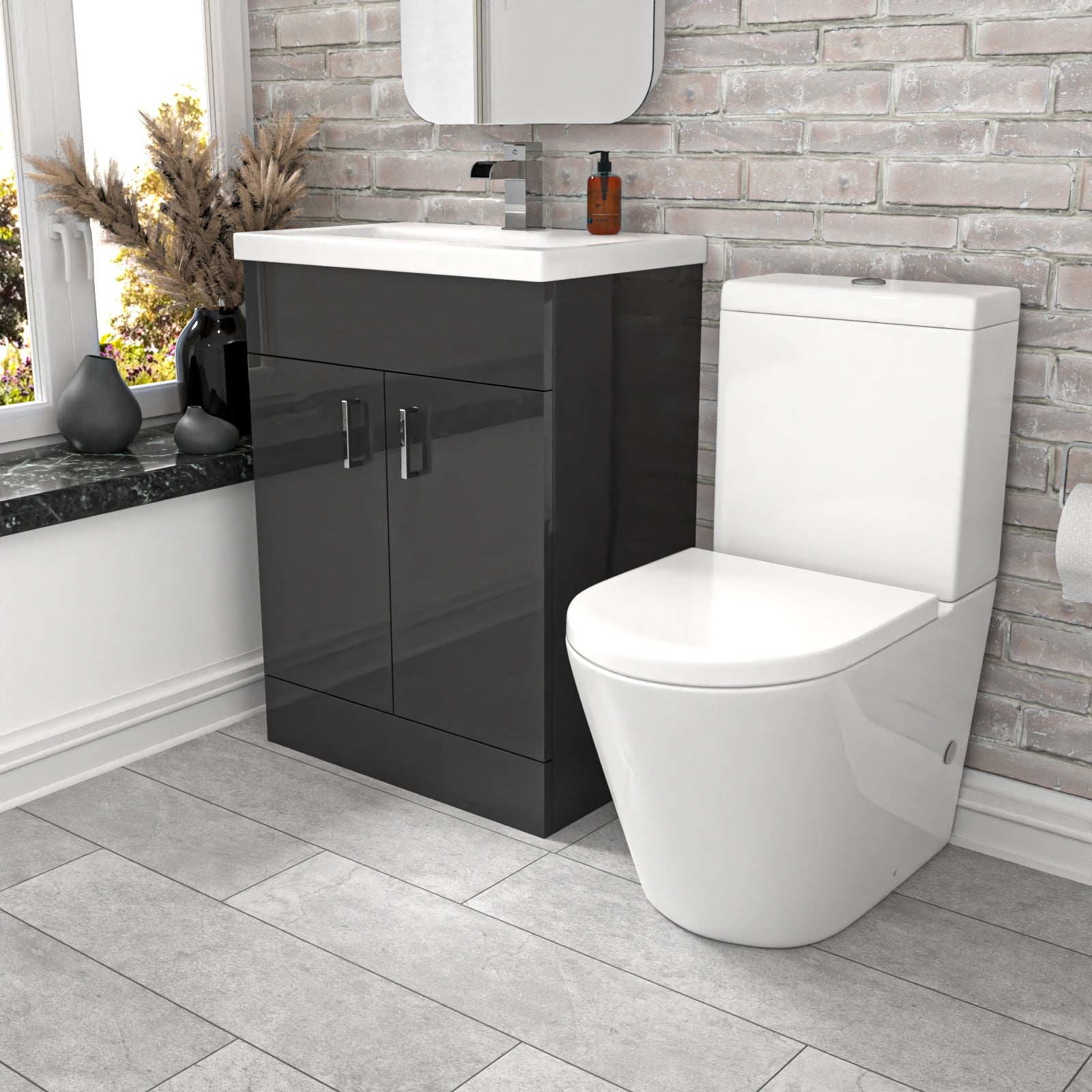 black vanity unit and white toilet