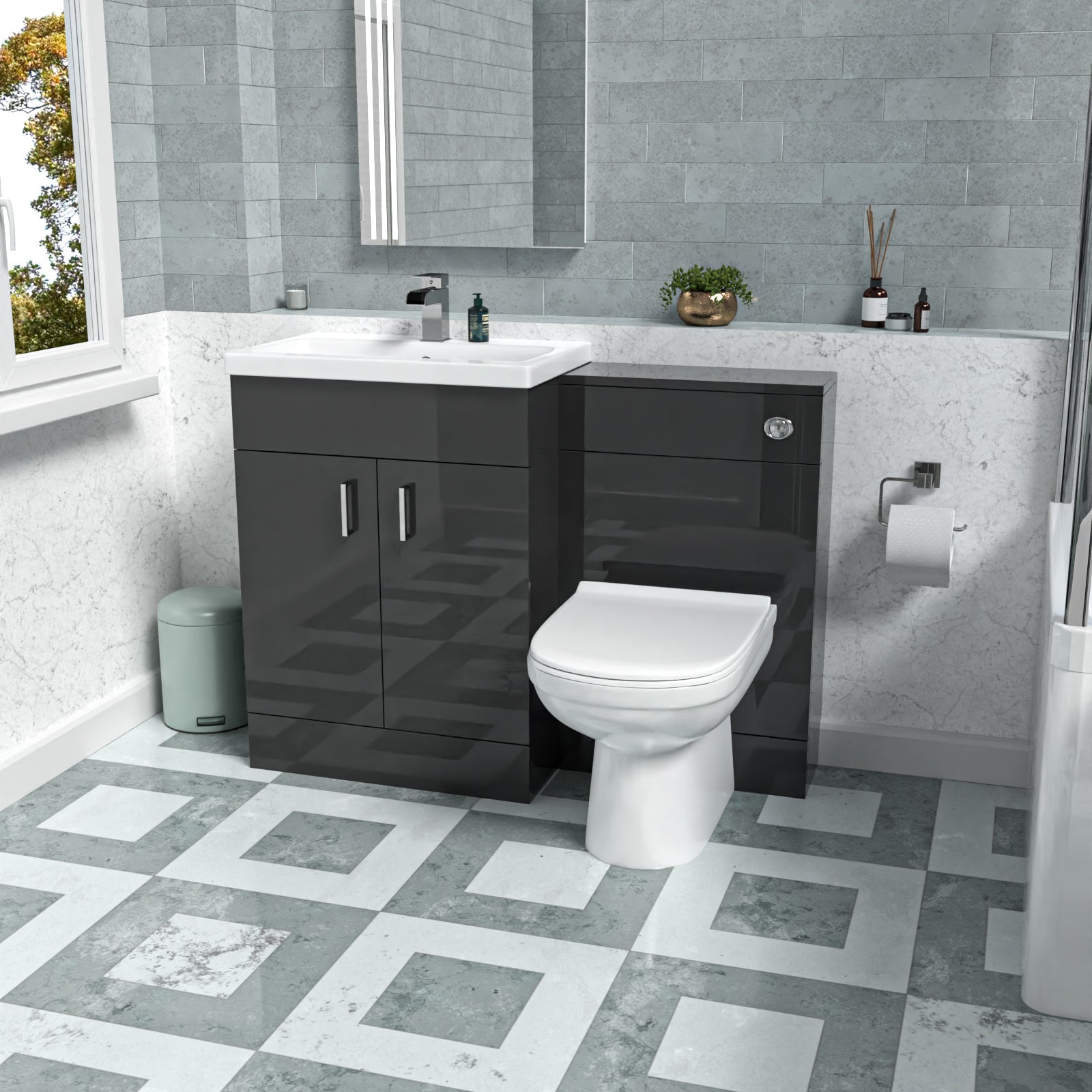 Nanuya Dark Grey 1100mm Basin Vanity & WC Unit & Back to Wall Toilet Flat Pack