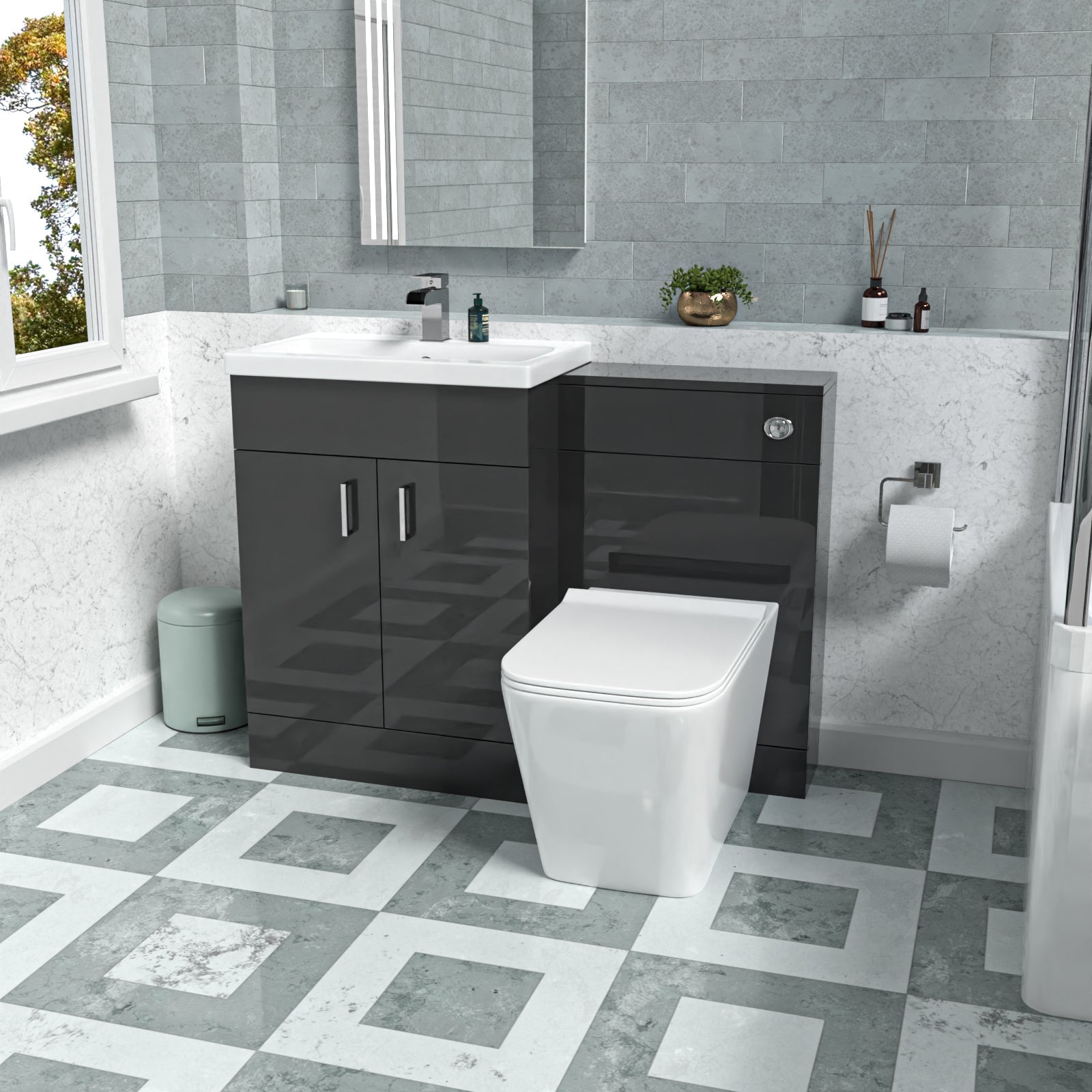 Nanuya Dark Grey 600mm Freestanding Vanity WC Unit & Rimless BTW Toilet Flat Pack