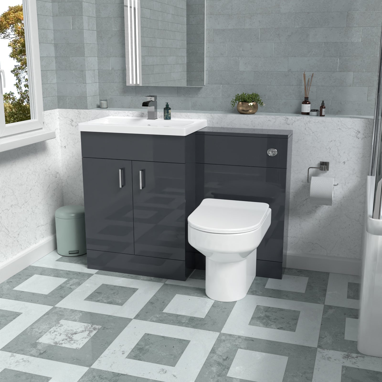 Nanuya 1100mm Dark Grey Vanity Basin Cabinet + WC Unit & Back To Wall Toilet