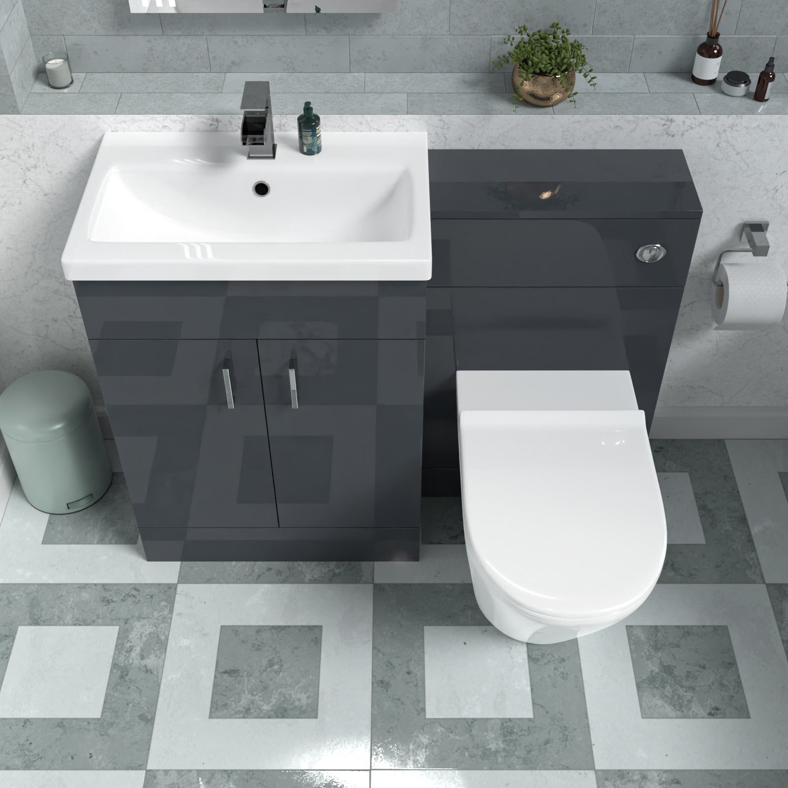 Nanuya 1100mm Dark Grey Vanity Basin Cabinet, WC Unit & Rimless Toilet
