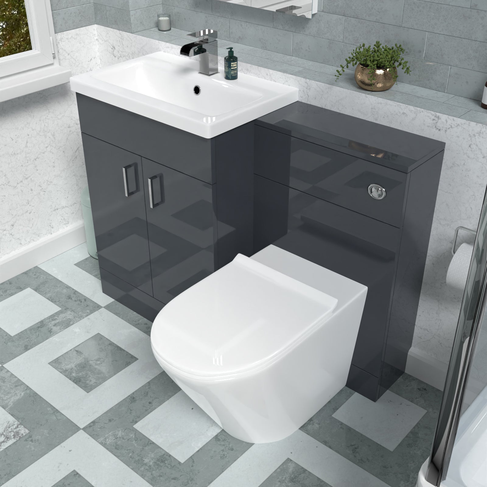 Nanuya 1100mm Dark Grey Vanity Basin Cabinet, WC Unit & Rimless Toilet