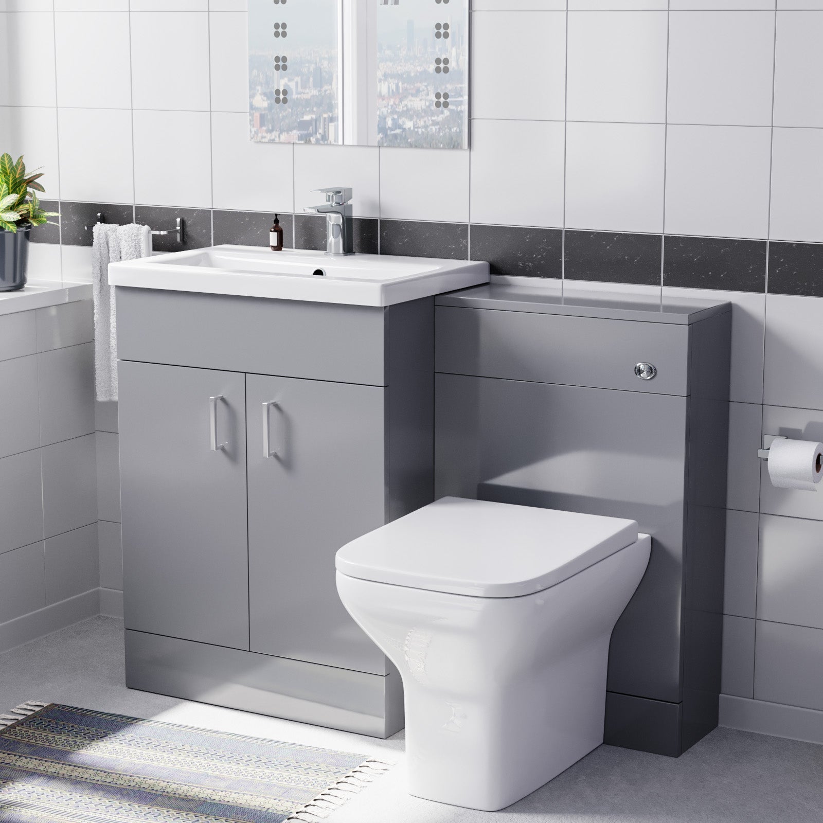 Nanuya 1100mm Light Grey Basin Vanity Cabinet, WC Unit & Square Back To Wall Toilet