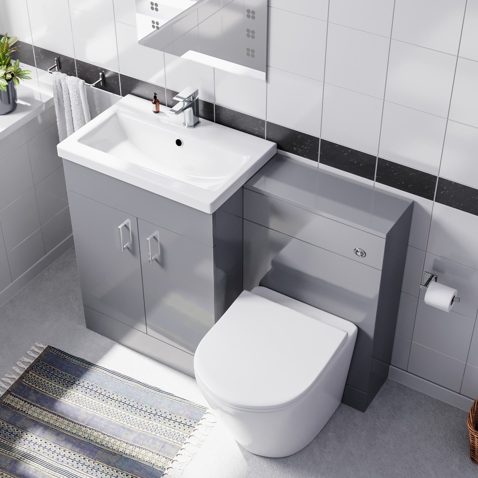 Nanuya 1100mm Light Grey Basin Vanity Cabinet, WC Unit & Round Back To Wall Toilet