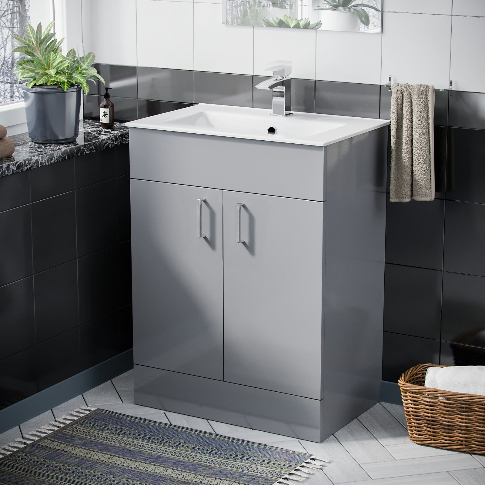 Nanuya 600mm Light Grey Floorstanding Vanity Unit & Slim White Basin Flat Pack