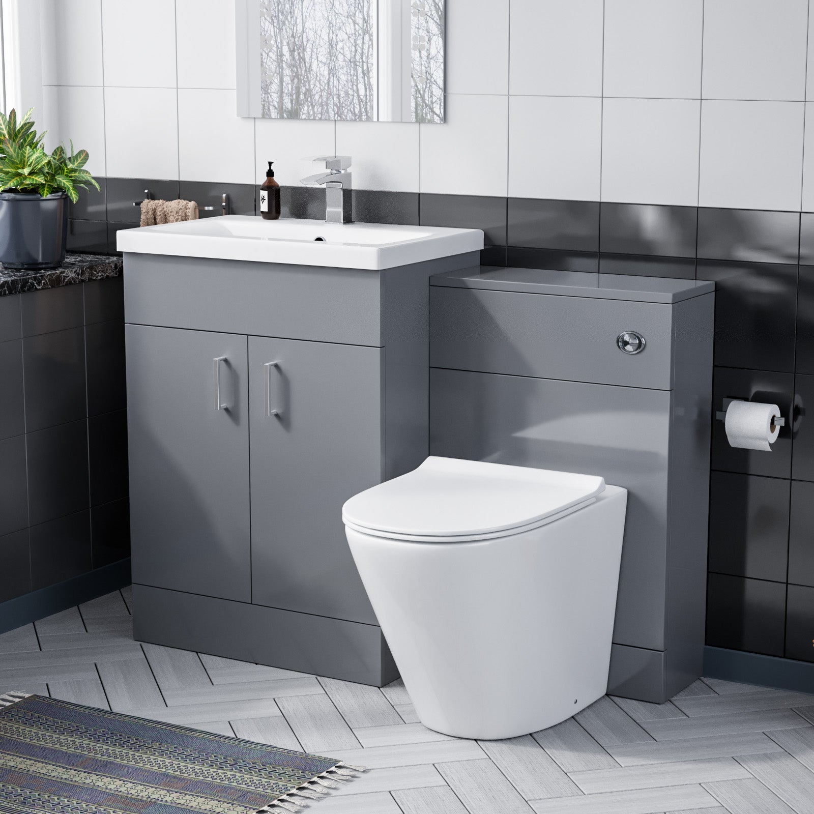 Nanuya 1100mm Light Grey Freestanding Basin Vanity, WC Unit & Rimless BTW Toilet