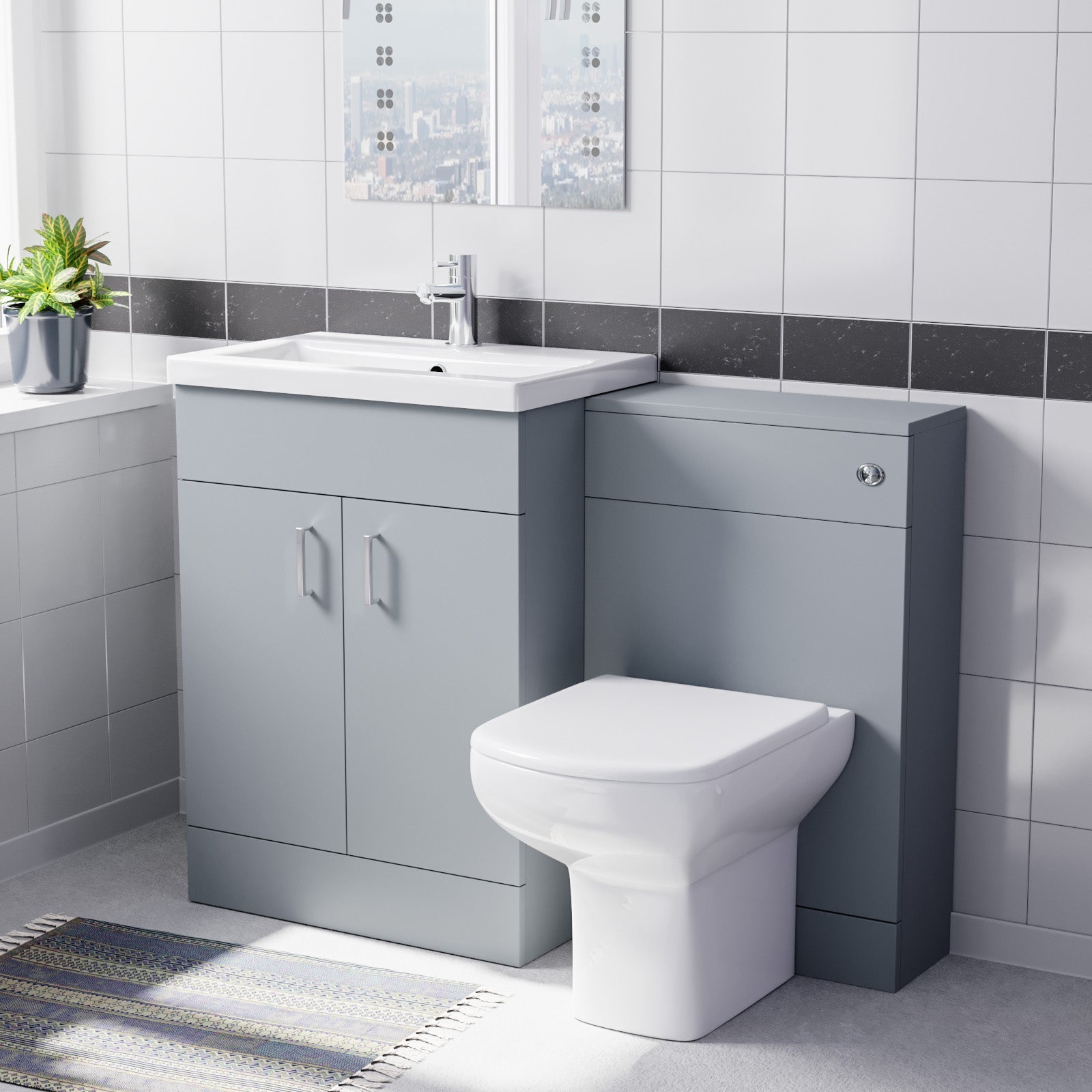 Nanuya Matte Grey 1100mm Basin Doors Vanity, WC Unit & Rimless BTW Toilet