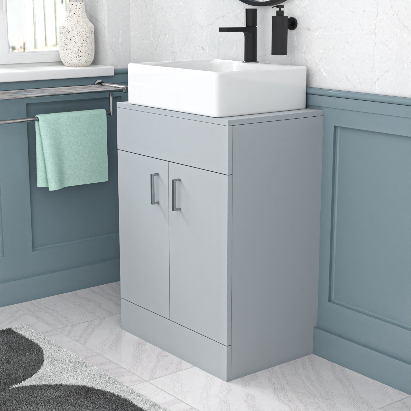 Nanuya Matte Grey 600mm Vanity Unit, Worktop With Square Bowl Basin