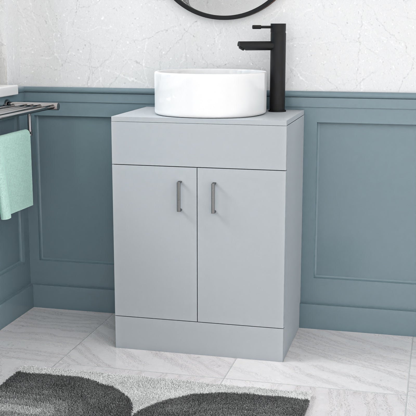 Nanuya 600mm 600mm Matte Grey Freestanding Drawers Vanity & Worktop With Round Basin