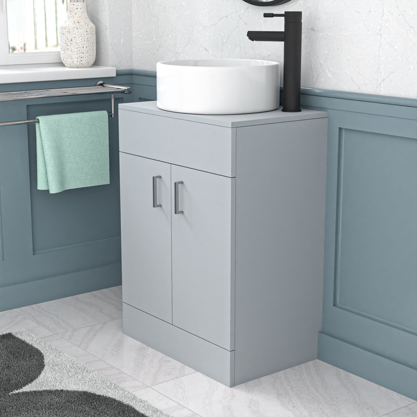 Nanuya 600mm 600mm Matte Grey Freestanding Drawers Vanity & Worktop With Round Basin
