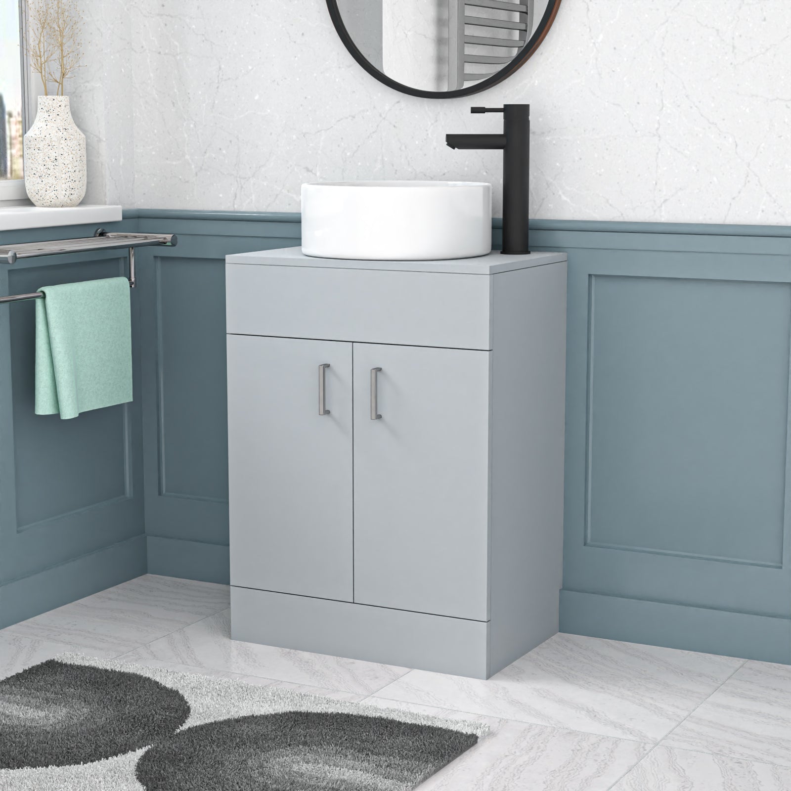 Nanuya 600mm 600mm Matte Grey Freestanding Drawers Vanity & Worktop With Round Basin