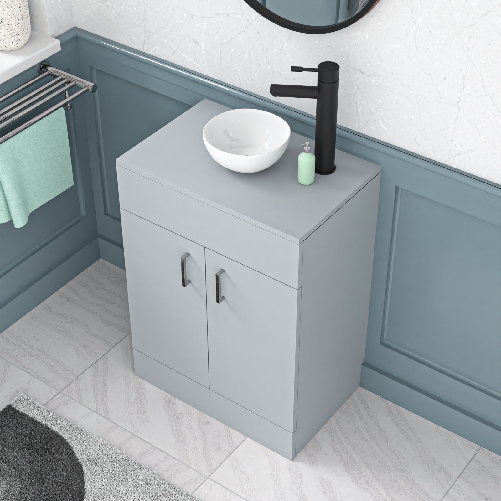 Nanuya Matte Grey 600mm Bathroom Doors Vanity Unit Round Ceramic Basin
