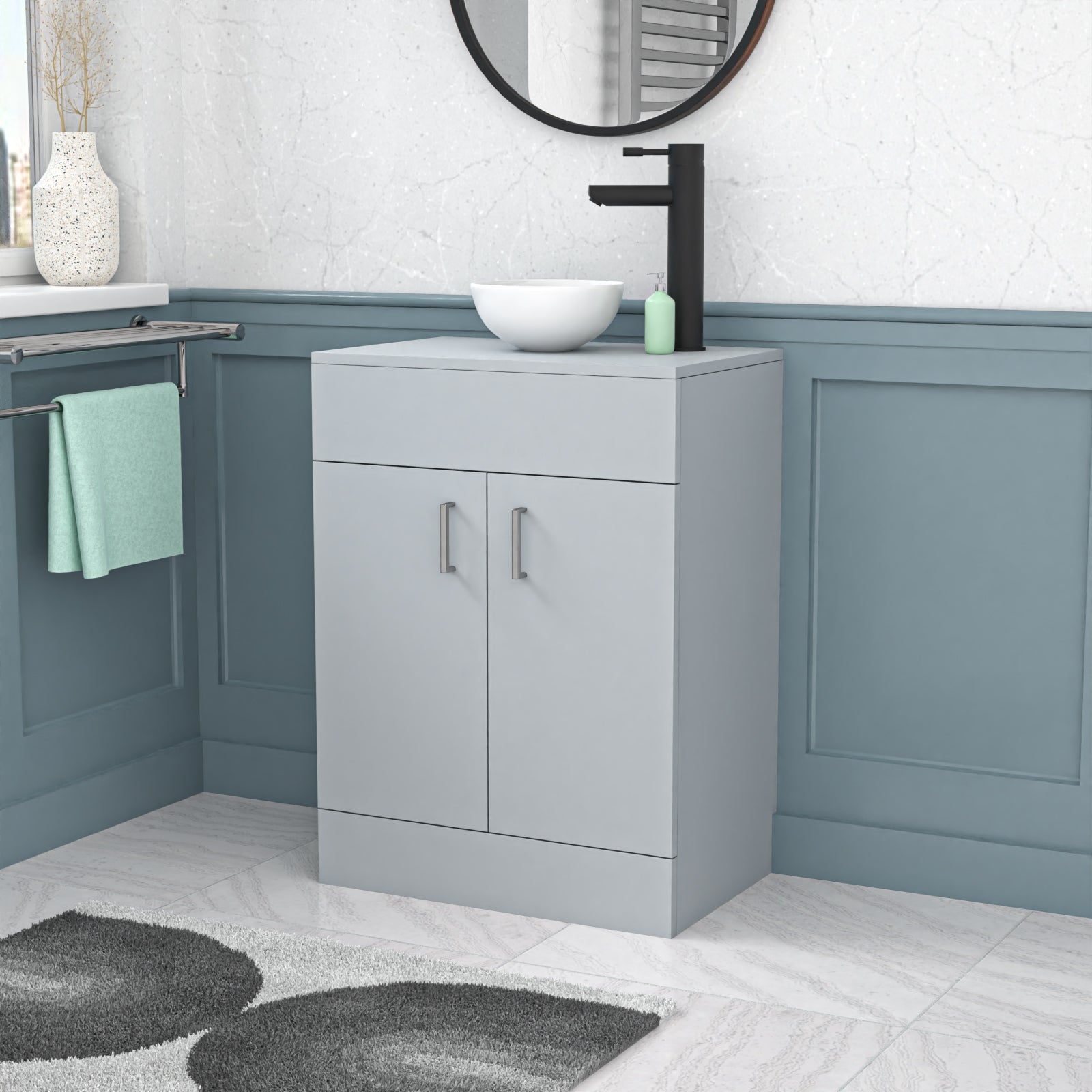 Nanuya Matte Grey 600mm Bathroom Doors Vanity Unit Round Ceramic Basin