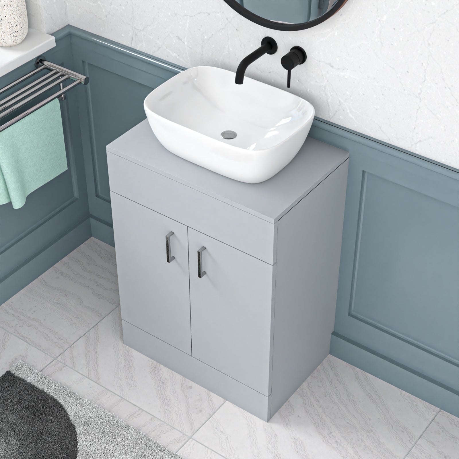 Nanuya Matte Grey 600mm Bathroom Doors Vanity Unit Rounded Rectangle Basin