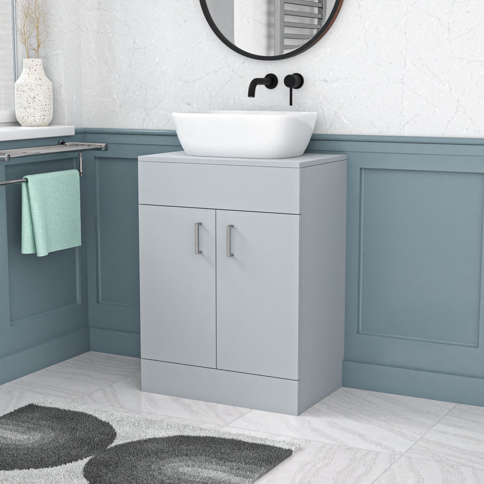 Nanuya Matte Grey 600mm Bathroom Doors Vanity Unit Rounded Rectangle Basin