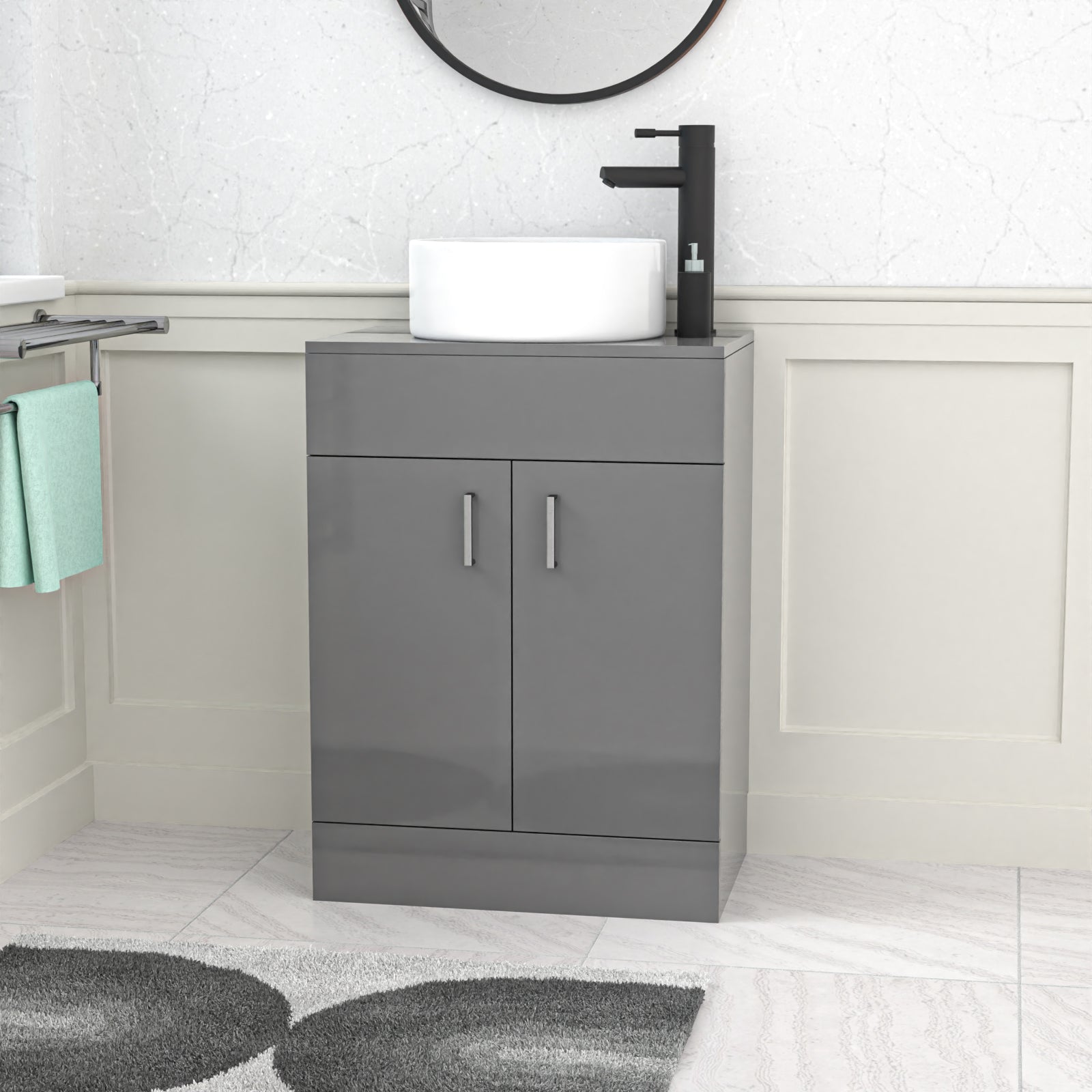 Nanuya 600mm Grey Freestanding Drawers Vanity & Worktop With Round Basin