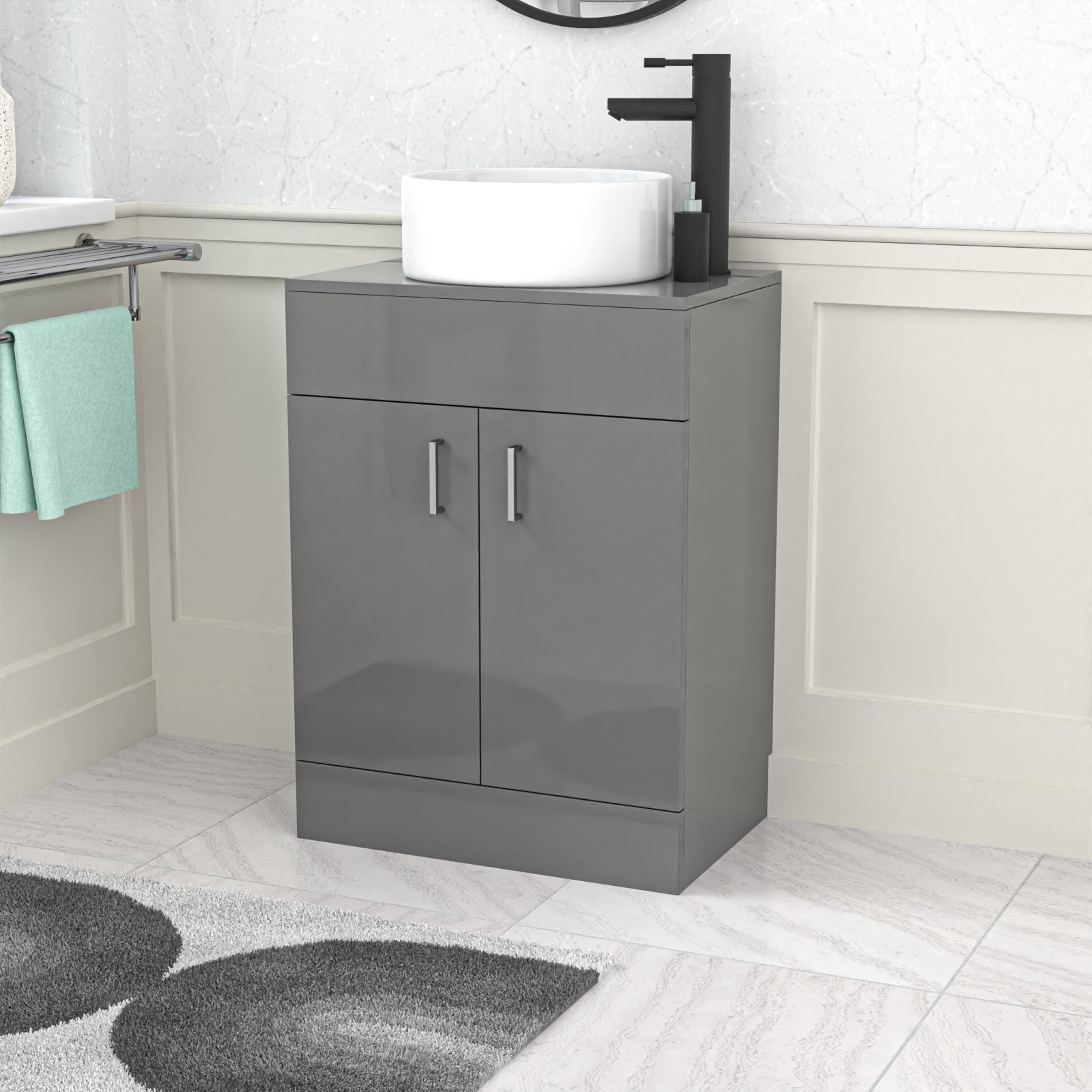 Nanuya 600mm Grey Freestanding Drawers Vanity & Worktop With Round Basin