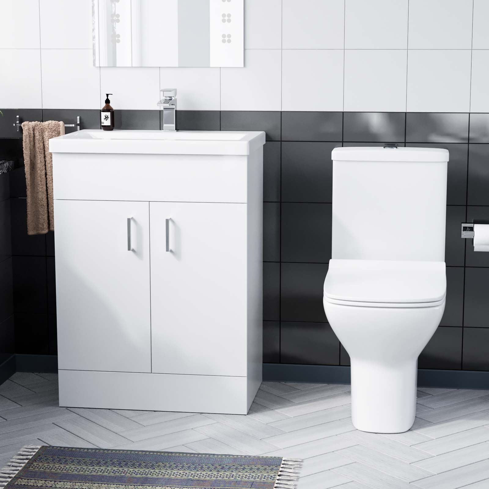 Nayuna 600mm Floorstanding White Basin Vanity & Rimless Close Coupled Toilet Flat Pack