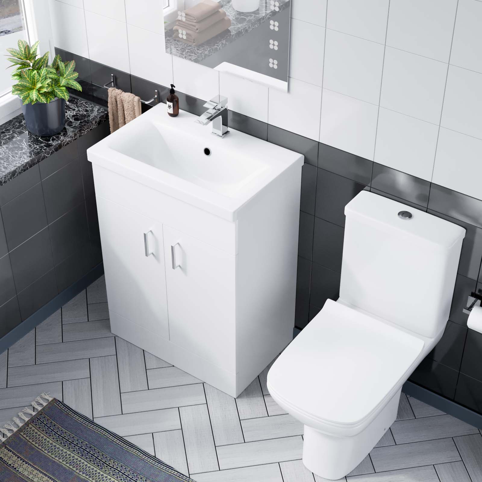 Nayuna 600mm Floorstanding White Basin Vanity & Rimless Close Coupled Toilet Flat Pack