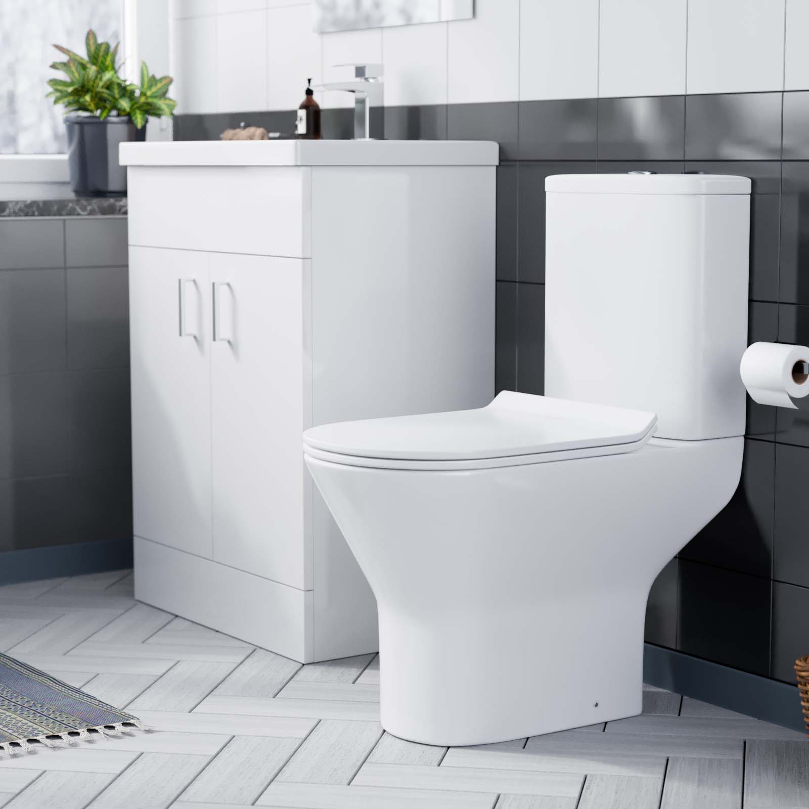 Nanuya 600mm White Basin Vanity & Rimless Close Coupled Toilet Flat Pack