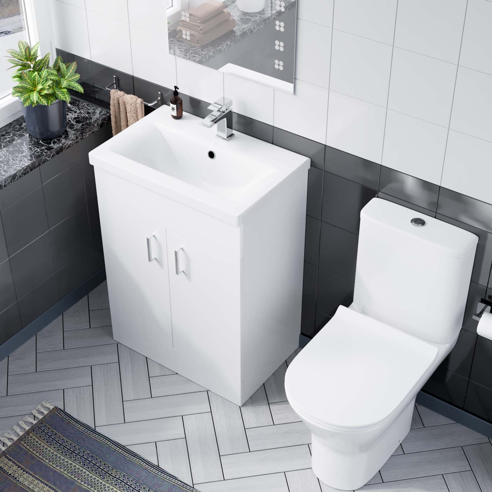 Nanuya 600mm White Basin Vanity & Rimless Close Coupled Toilet Flat Pack