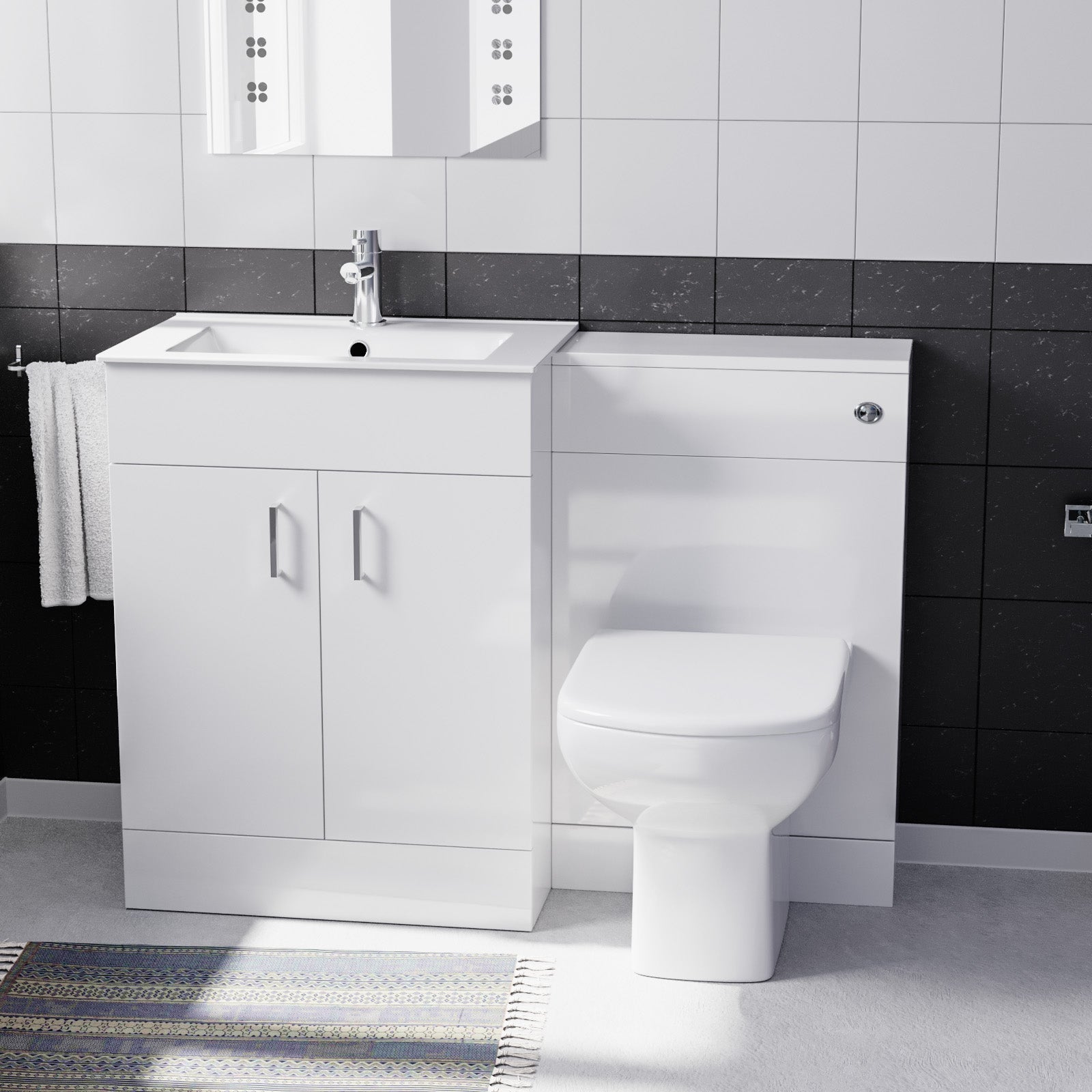 Nanuya White 1100mm Slim Basin Vanity, WC Unit & Rimless BTW Toilet