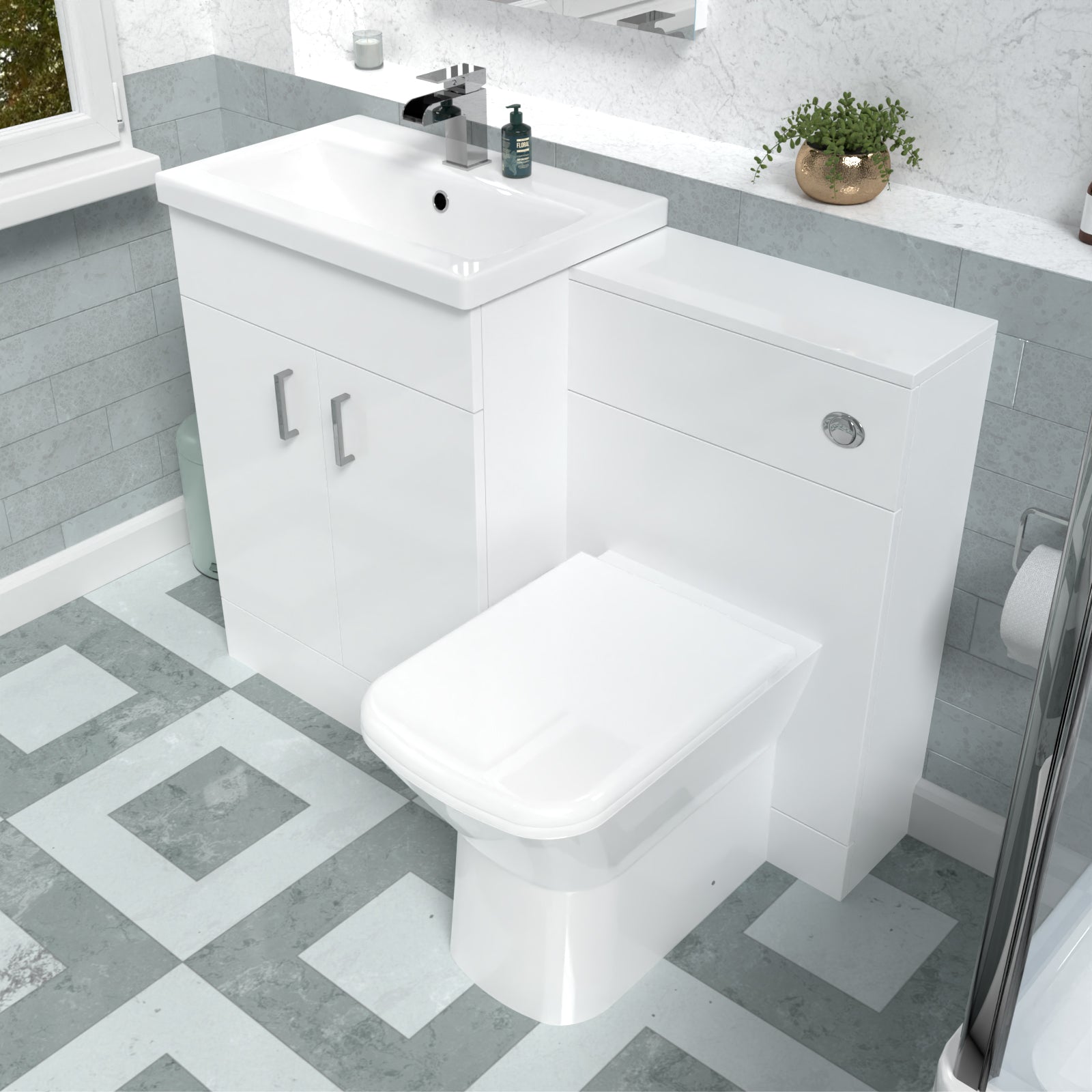Nanuya 1100mm Freestanding White Basin Vanity Unit & Back To Wall Toilet