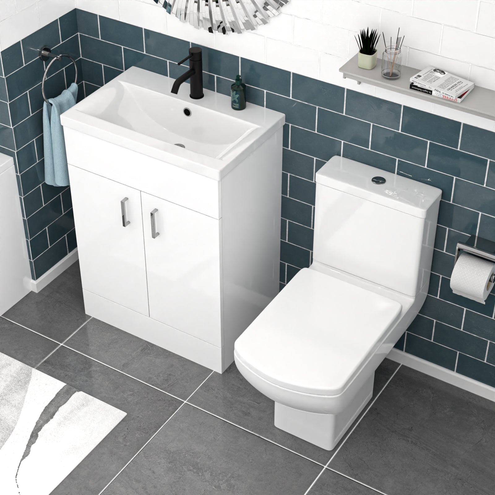 Nanuya 600mm White Basin Vanity & Square Rimless Close Coupled Toilet