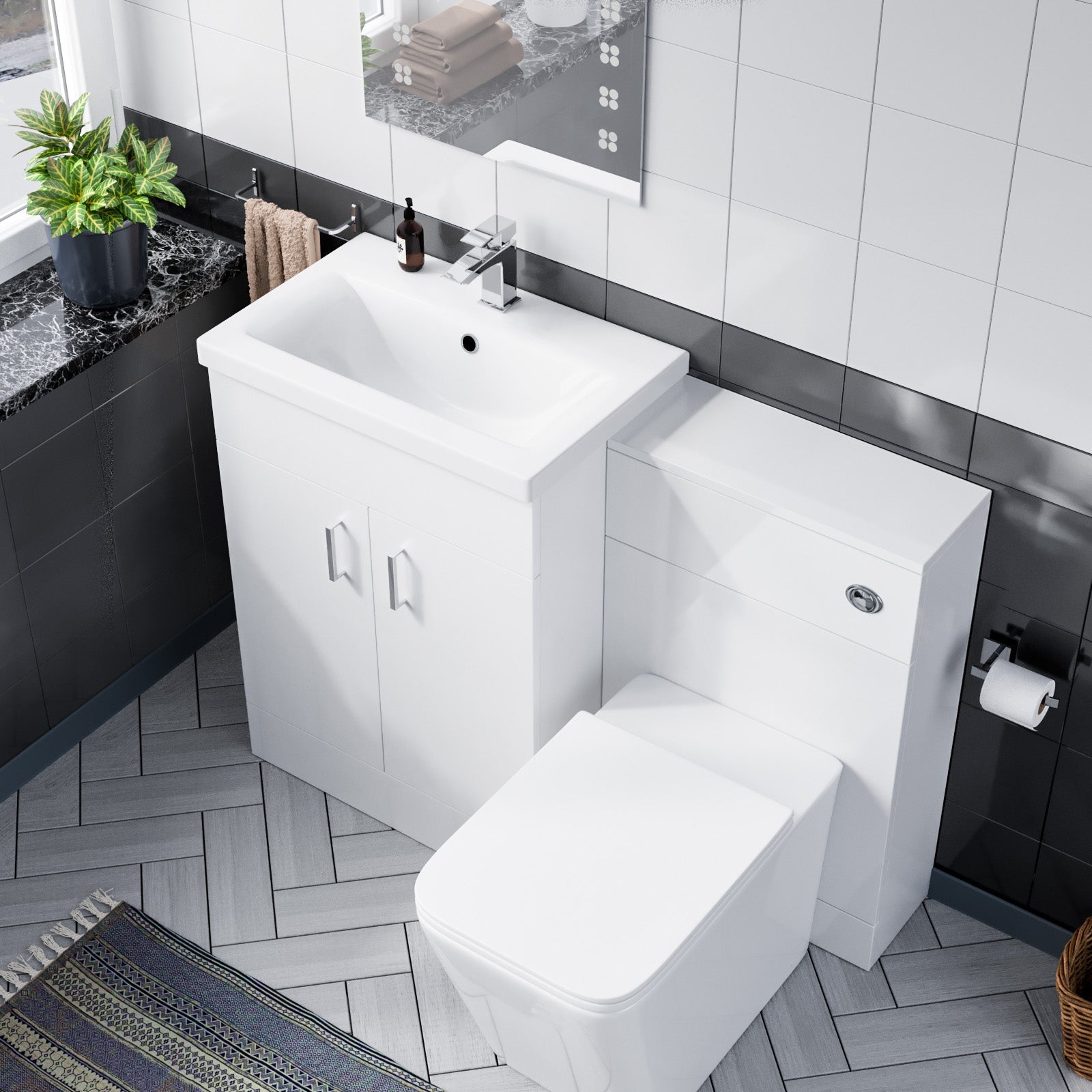 Nanuya 600 Floor Standing White Vanity, Ceramic Basin, BTW Toilet with UF Seat & WC Unit