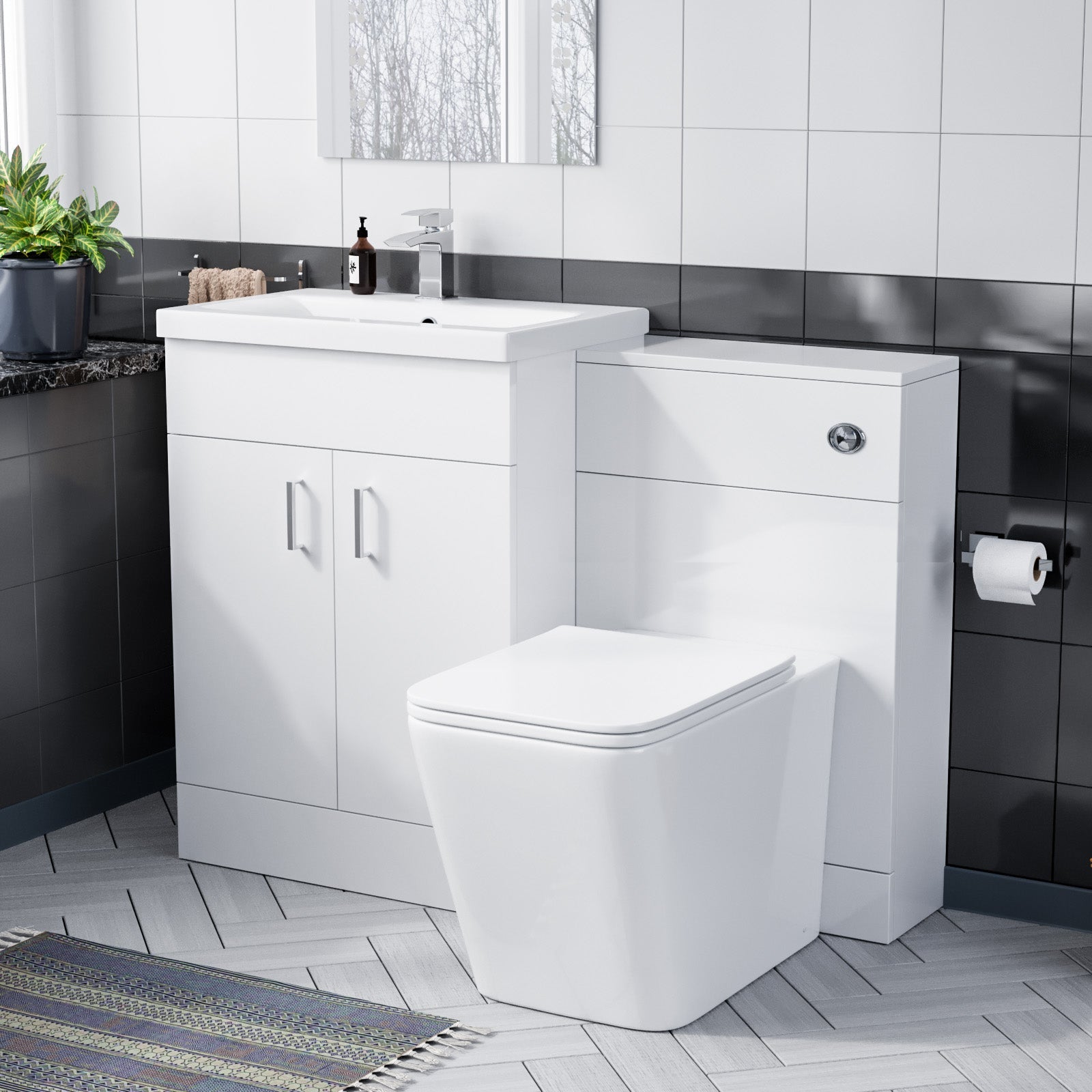 Nanuya 600 Floor Standing White Vanity, Ceramic Basin, BTW Toilet with UF Seat & WC Unit