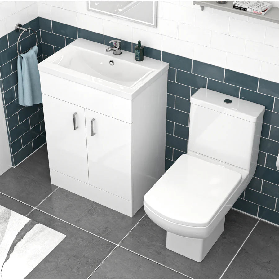 Nanuya 600mm White Basin Vanity, Square Rimless Close Coupled Toilet And Bath