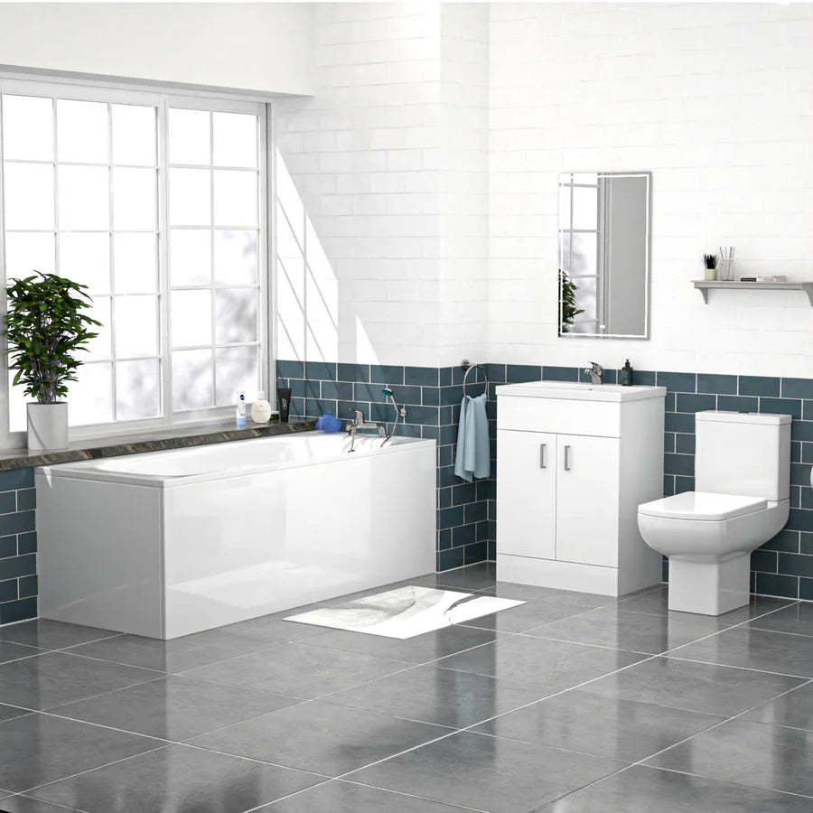 Nanuya 600mm White Basin Vanity, Square Rimless Close Coupled Toilet And Bath