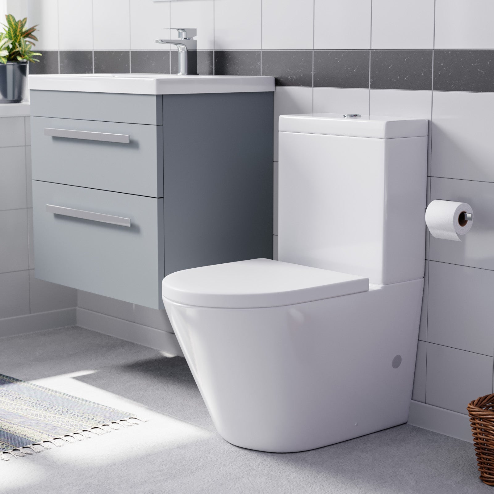 Nanuya Matte Grey 600mm Wall Hung 2 Drawer Vanity Cabinet Unit & Close Coupled Toilet