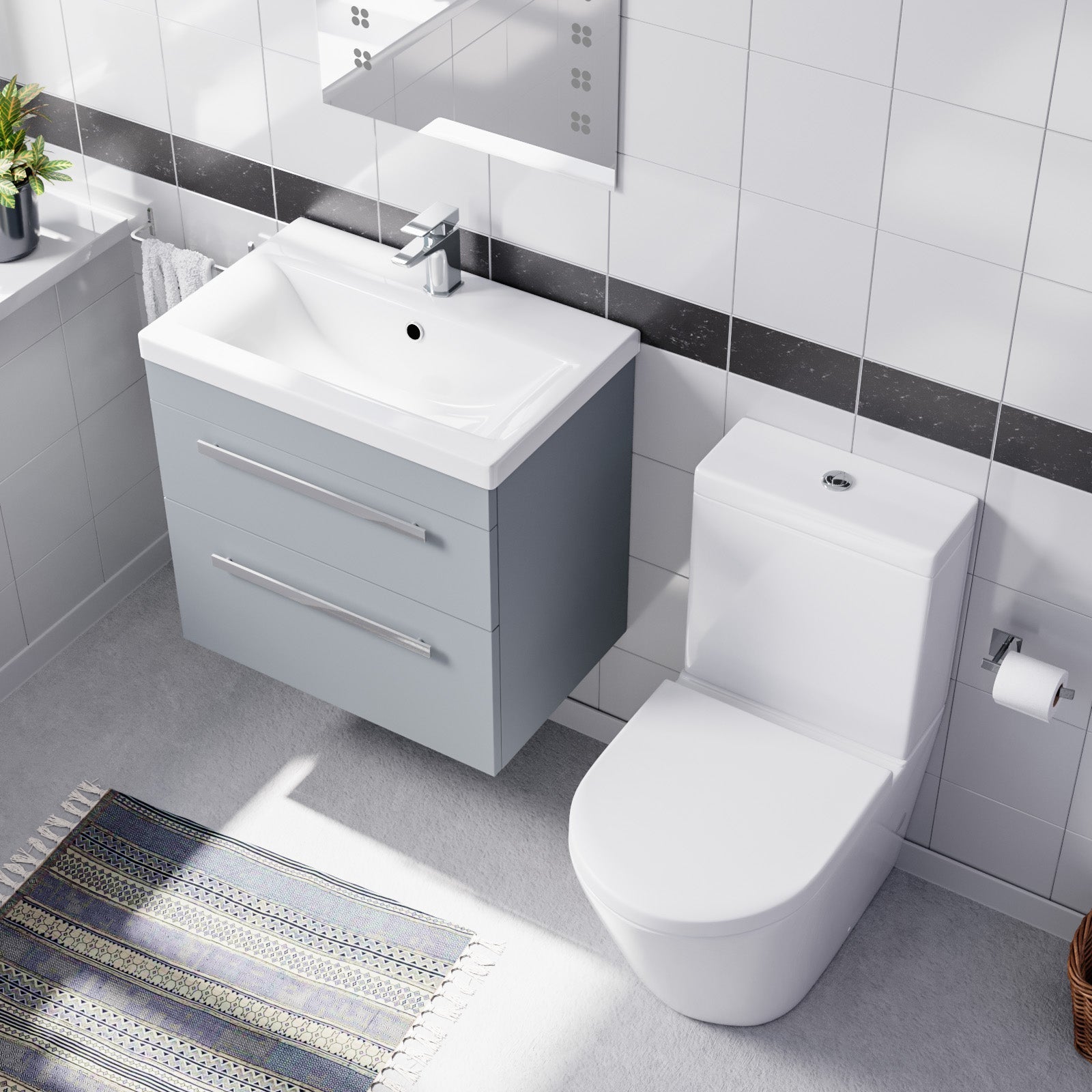 Nanuya Matte Grey 600mm Wall Hung 2 Drawer Vanity Cabinet Unit & Close Coupled Toilet