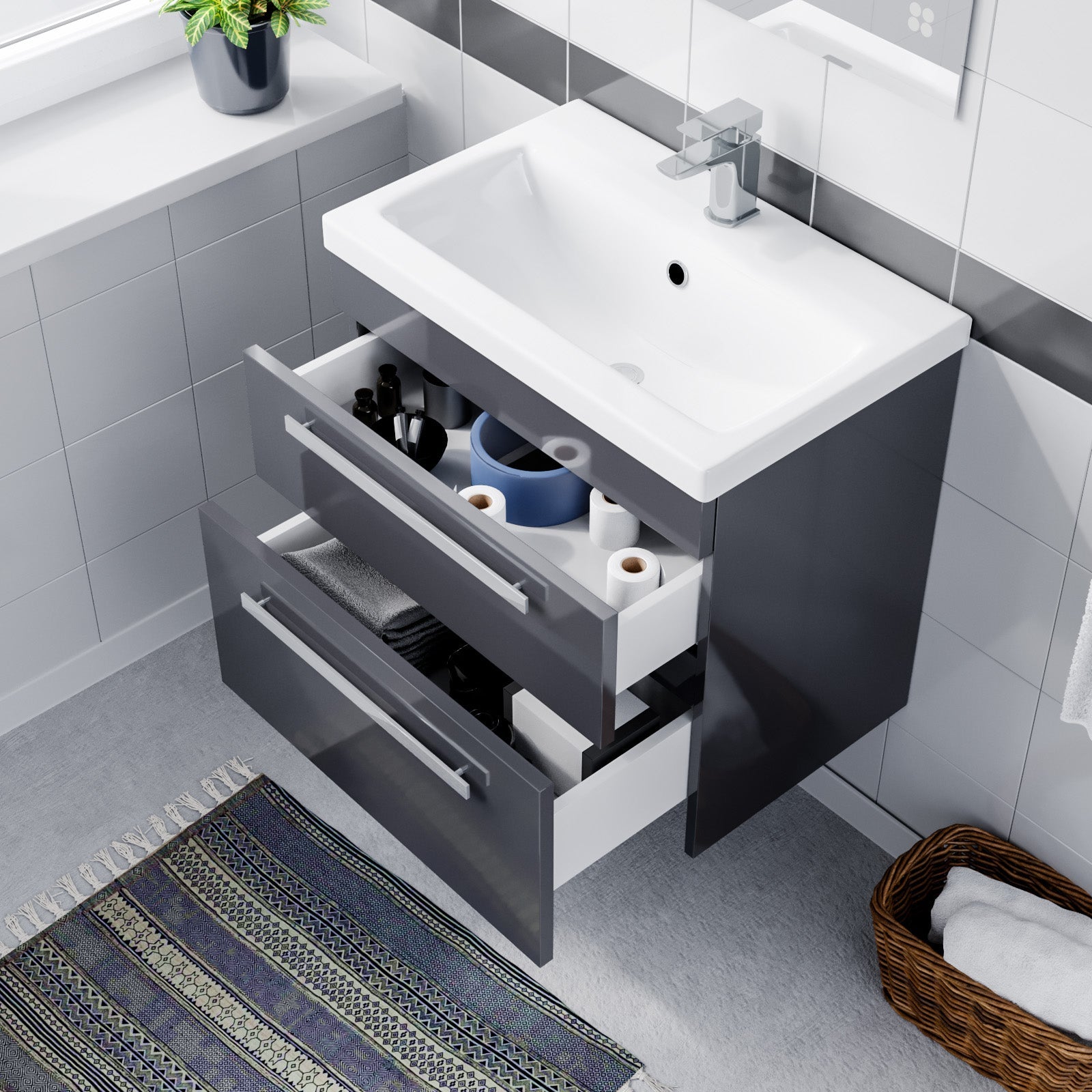 Nanuya 600mm Steel Grey Wall Hung 2 Drawer Vanity Cabinet & Ceramic Basin Sink