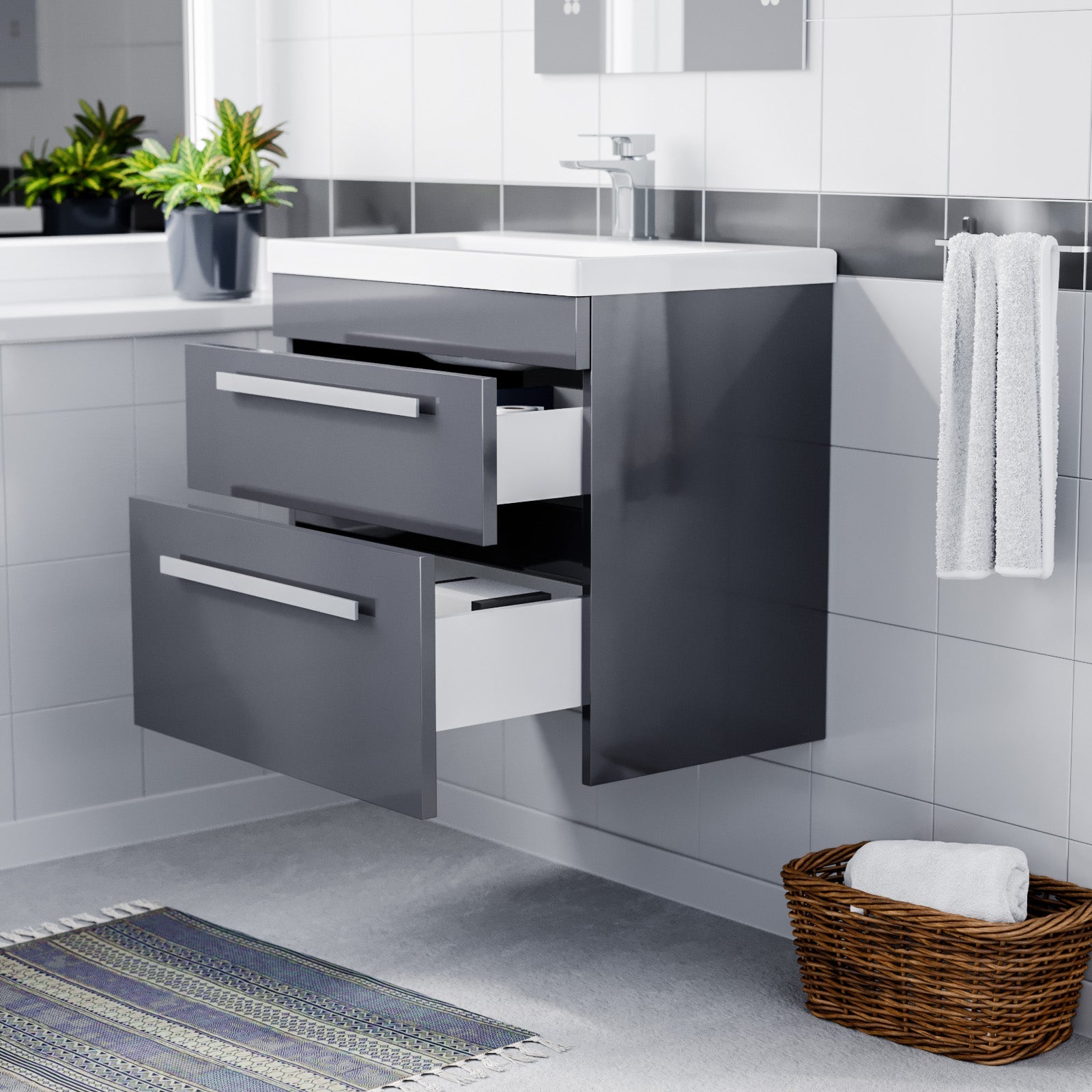 Nanuya 600mm Steel Grey Wall Hung 2 Drawer Vanity Cabinet & Ceramic Basin Sink