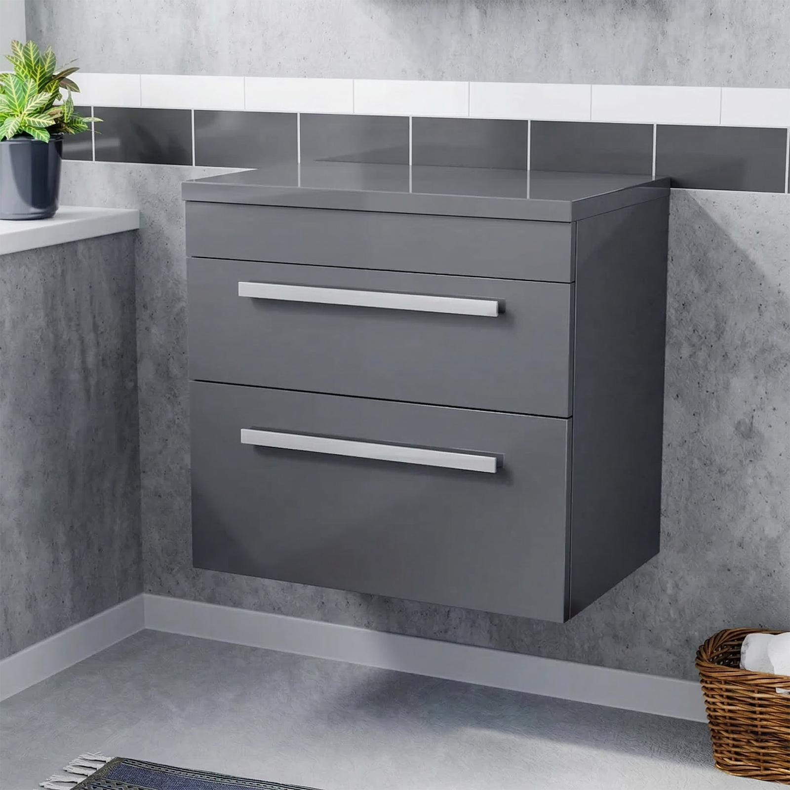 Nanuya 600mm Steel Grey Wall Hung 2 Drawers Worktop Vanity Unit