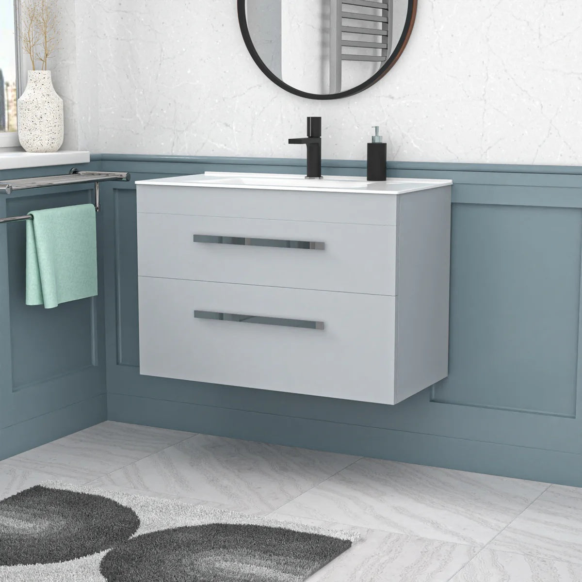 800mm Matte Grey Wall Hung Cabinet 2 Drawer with Slim Ceramic Basin