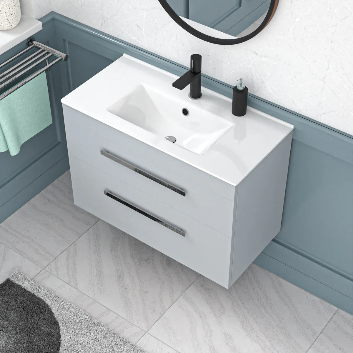 800mm Matte Grey Wall Hung Cabinet 2 Drawer with Slim Ceramic Basin