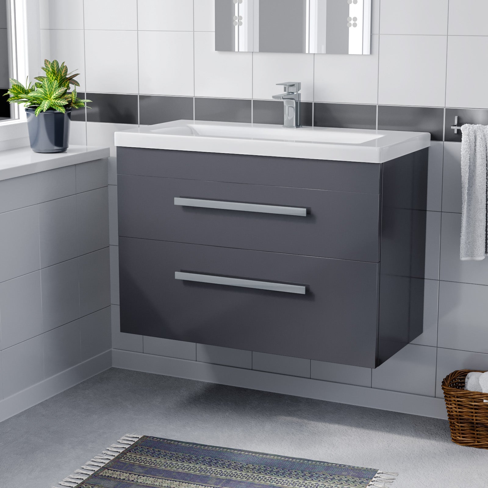 Nanuya Wall Hung Cabinet 2 Drawer 800mm Vanity Unit Steel Grey with Ceramic Sink Basin