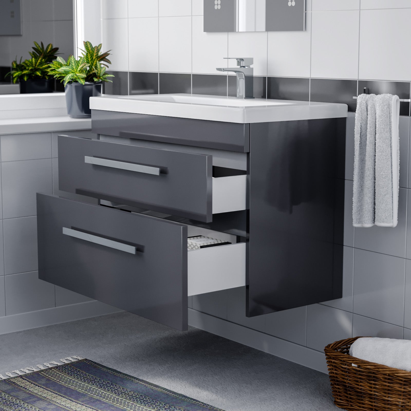 Nanuya Wall Hung Cabinet 2 Drawer 800mm Vanity Unit Steel Grey with Ceramic Sink Basin